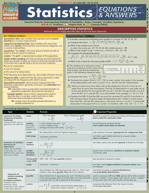 Statistics Equations & Answers: Quickstudy Laminated Reference Guide