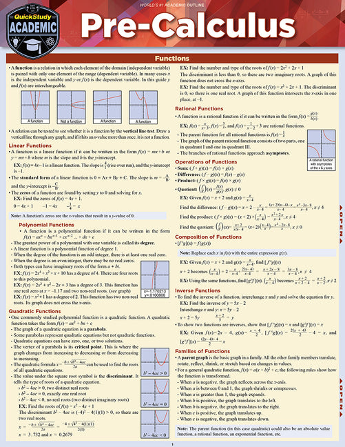 Pre-Calculus: A Quickstudy Reference Guide